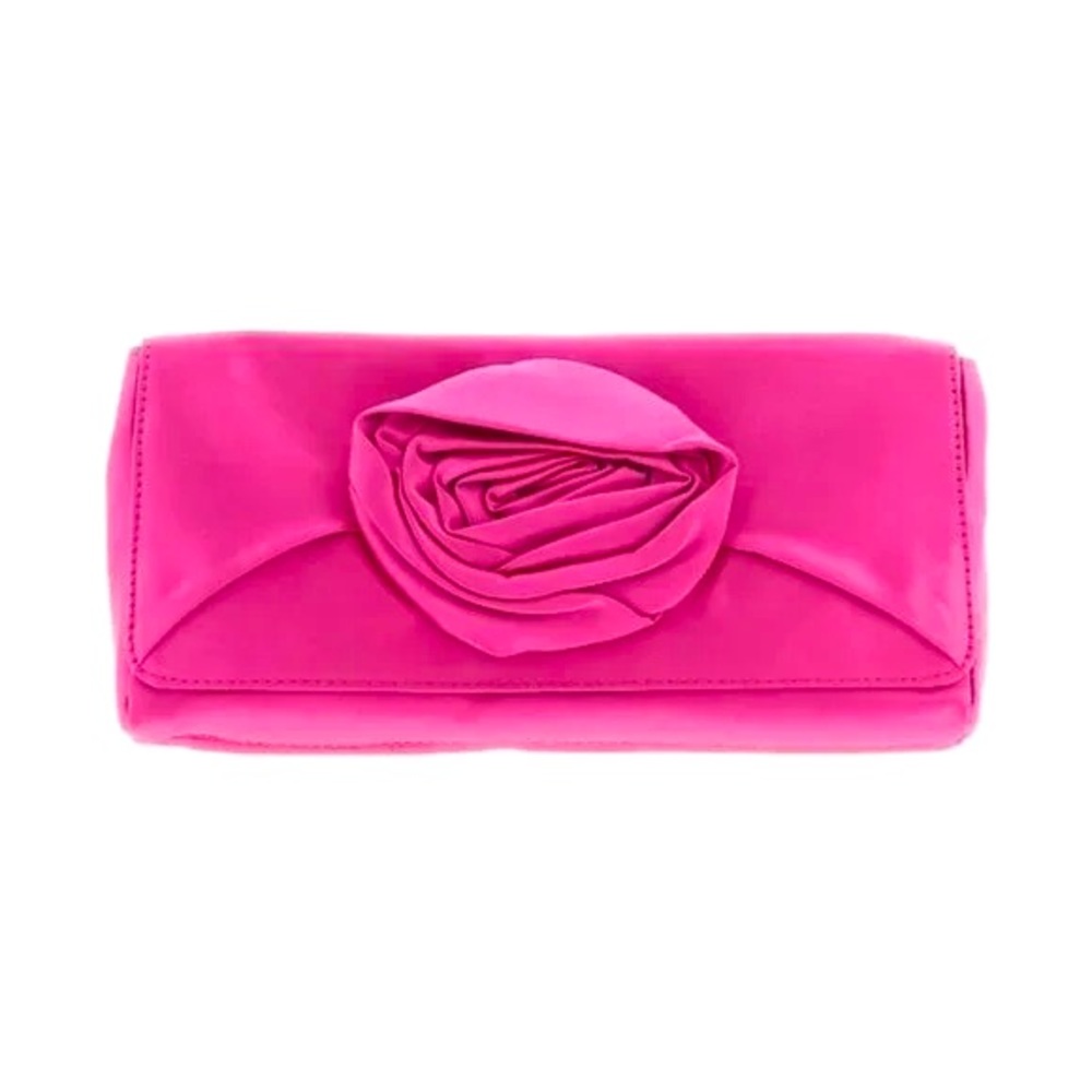 J.Crew Magenta Silk Clutch with Rose Embellishment and Chocolate Interior